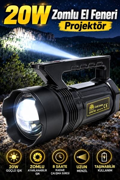 GoldKama GK6766 20W LED Şarj Edilebilir Uzun Mesafe Projektör El Feneri 6000 mAh Type-C Yan Işıklı