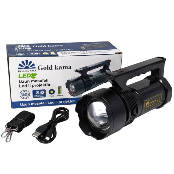 GoldKama GK6766 20W LED Şarj Edilebilir Uzun Mesafe Projektör El Feneri 6000 mAh Type-C Yan Işıklı