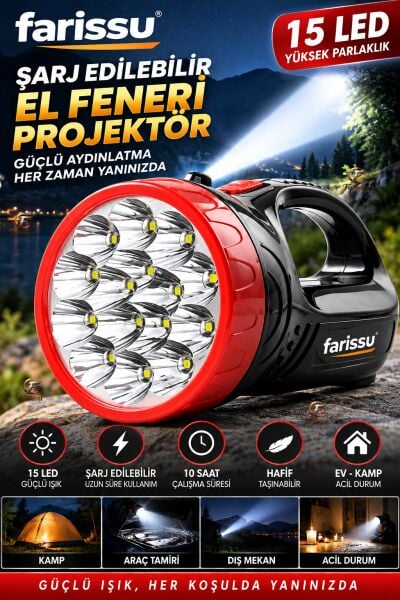 15 LED Şarj Edilebilir El Feneri Projektör – 2 Kademeli Uzun Menzilli Güçlü Işıldak