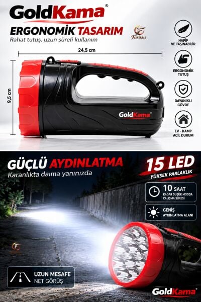 15 LED Şarj Edilebilir El Feneri Projektör – 2 Kademeli Uzun Menzilli Güçlü Işıldak