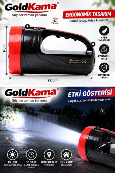15 LED Şarj Edilebilir El Feneri Projektör – 2 Kademeli Uzun Menzilli Güçlü Işıldak