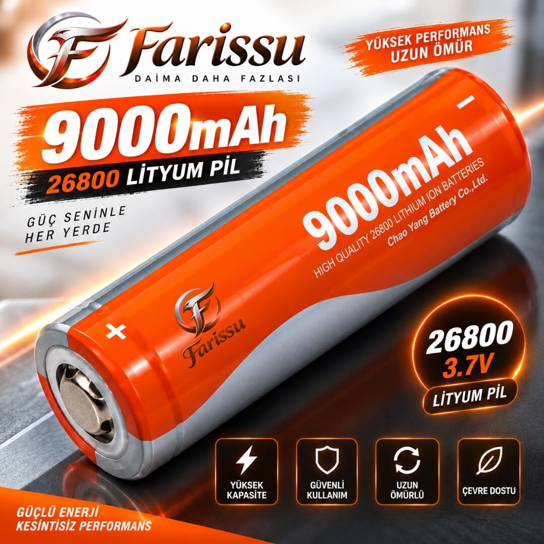 26800 3.7V 9000 mAh Şarj Edilebilir Li-ion Pil (26x80 mm - 110 gr) – Yüksek Kapasiteli Şarjlı Lityum Pil