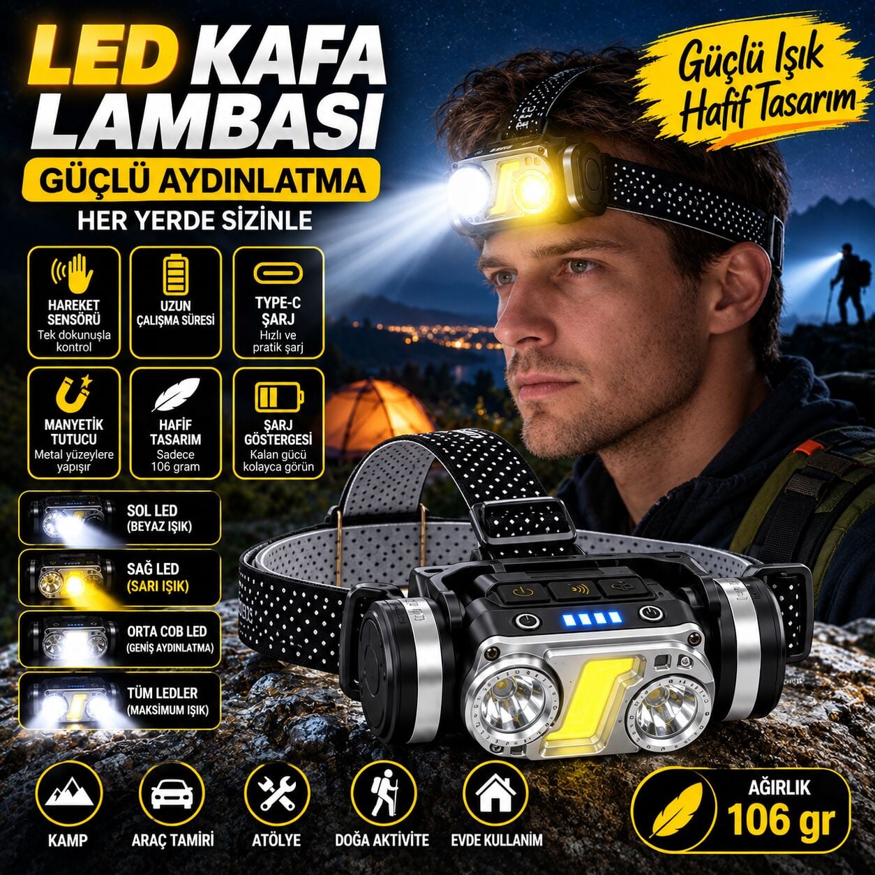 100 Lümen Hareket Sensörlü Şarjlı LED Kafa Lambası – 6 Modlu, Mıknatıslı Kamp ve Tamir Feneri