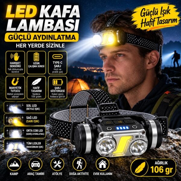 100 Lümen Hareket Sensörlü Şarjlı LED Kafa Lambası – 6 Modlu, Mıknatıslı Kamp ve Tamir Feneri