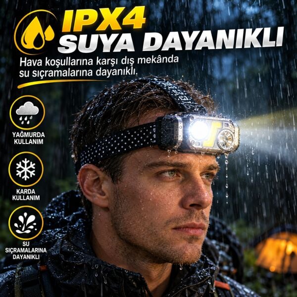 100 Lümen Hareket Sensörlü Şarjlı LED Kafa Lambası – 6 Modlu, Mıknatıslı Kamp ve Tamir Feneri