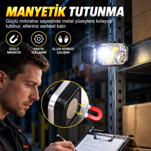 100 Lümen Hareket Sensörlü Şarjlı LED Kafa Lambası – 6 Modlu, Mıknatıslı Kamp ve Tamir Feneri
