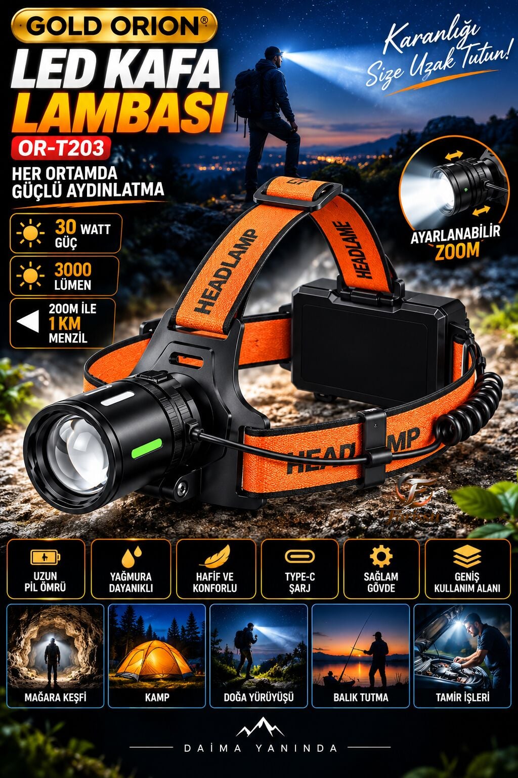 Gold Orion OR-203 30W 3000 Lümen Zoomlu Şarj Edilebilir Profesyonel Kafa Lambası