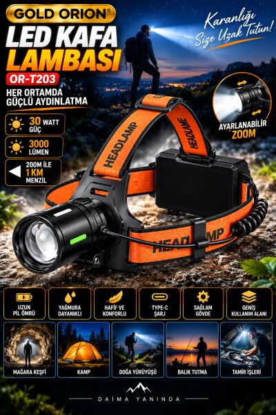 Gold Orion OR-203 30W 3000 Lümen Zoomlu Şarj Edilebilir Profesyonel Kafa Lambası