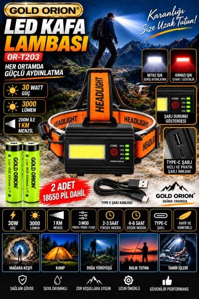 Gold Orion OR-203 30W 3000 Lümen Zoomlu Şarj Edilebilir Profesyonel Kafa Lambası