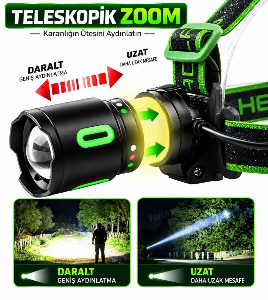 30W 3000 Lümen Teleskopik Zoomlu Şarjlı Kafa Lambası – 3600 mAh (3x18650 Pilli) 1 KM Menzilli