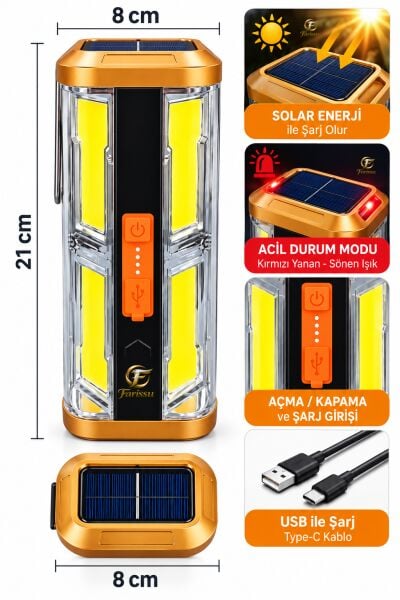 Güneş Enerjili Solar Şarjlı Acil Durum Deprem Lambası & Kamp Feneri - 4 Kademeli Beyaz Işık