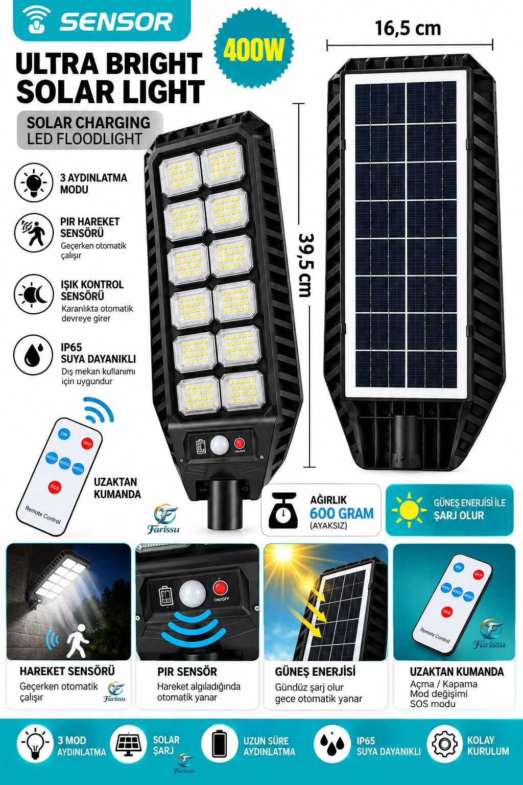 400W 216 LED Güneş Enerjili Solar Dış Mekan Bahçe & Sokak Projektörü Uzaktan Kumandalı Sensörlü