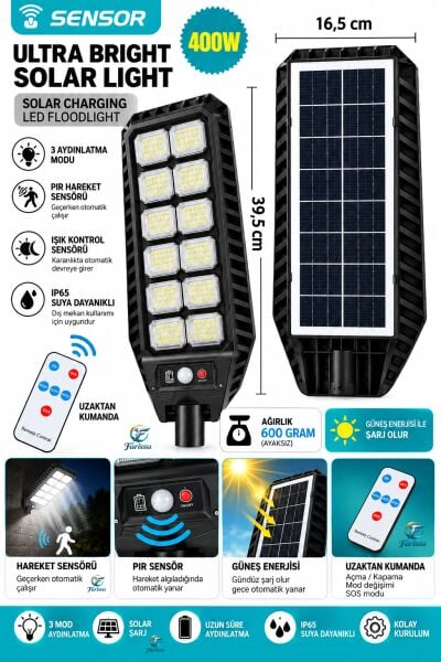 400W 216 LED Güneş Enerjili Solar Dış Mekan Bahçe & Sokak Projektörü Uzaktan Kumandalı Sensörlü