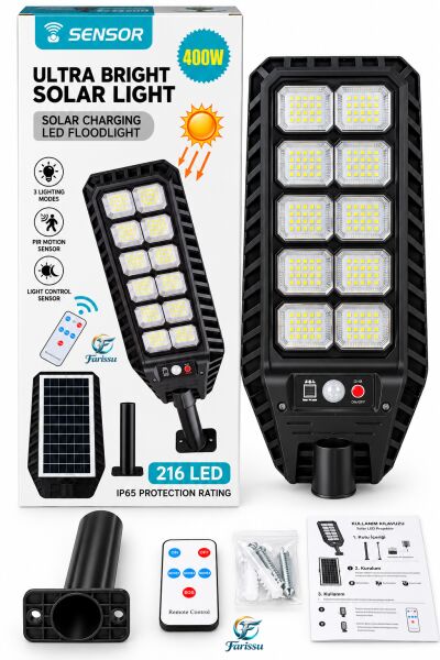 400W 216 LED Güneş Enerjili Solar Dış Mekan Bahçe & Sokak Projektörü Uzaktan Kumandalı Sensörlü