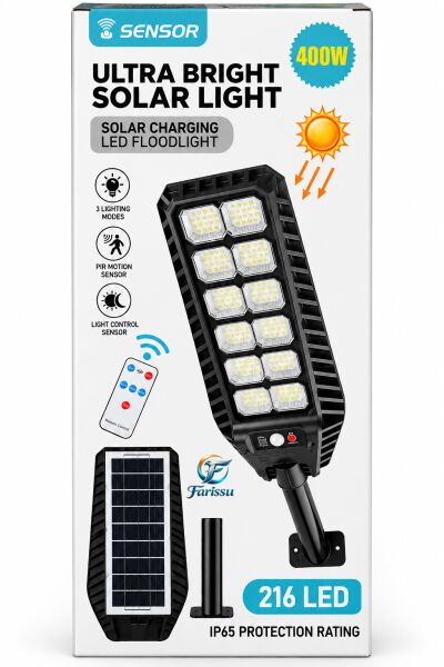 400W 216 LED Güneş Enerjili Solar Dış Mekan Bahçe & Sokak Projektörü Uzaktan Kumandalı Sensörlü