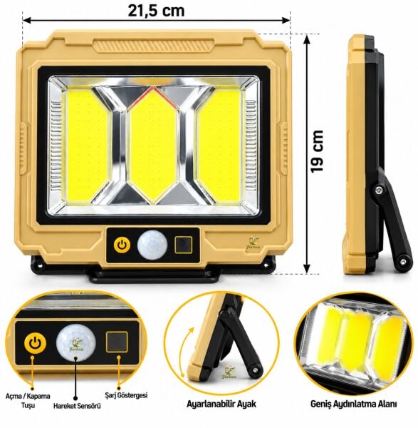 Solar Sensörlü COB LED Sokak & Bahçe Aydınlatma Projektörü – 2400 mAh, Kumandalı, Su Geçirmez