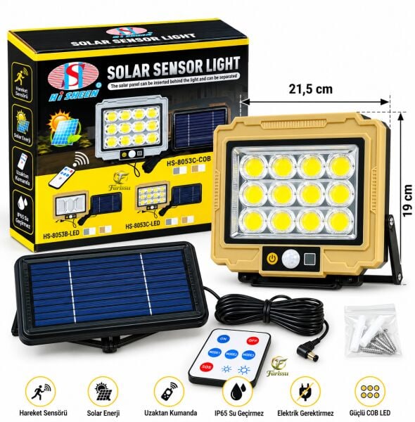 Solar Sensörlü COB LED Sokak & Bahçe Aydınlatma Projektörü – 2400 mAh, Kumandalı, Su Geçirmez
