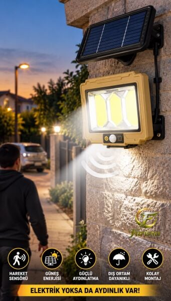 Solar Sensörlü COB LED Sokak & Bahçe Aydınlatma Projektörü – 2400 mAh, Kumandalı, Su Geçirmez