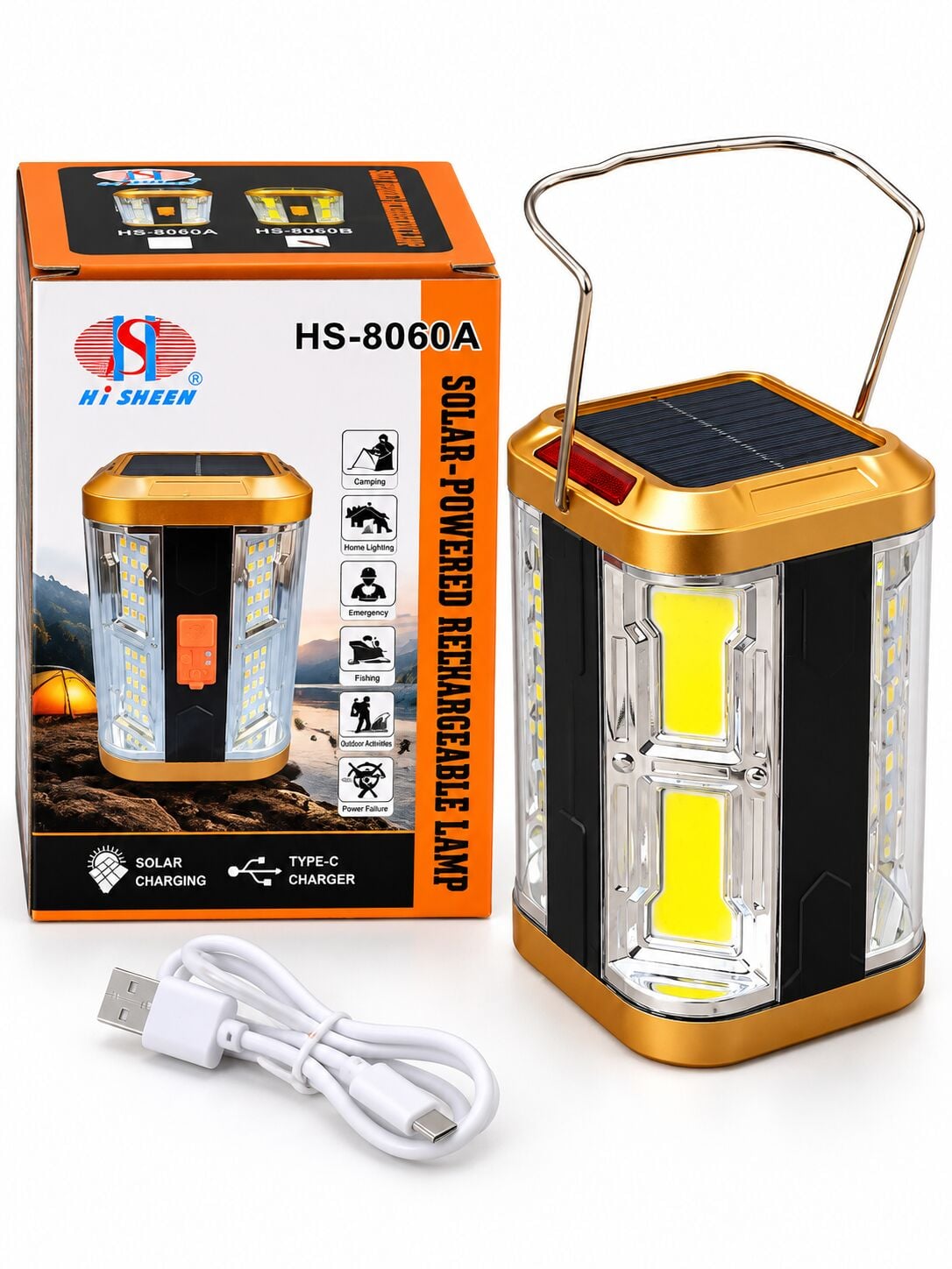 Şarj Edilebilir Taşınabilir LED Kamp Lambası – Solar Panelli, 4 Modlu Işıldak, Kırmızı Flaşörlü