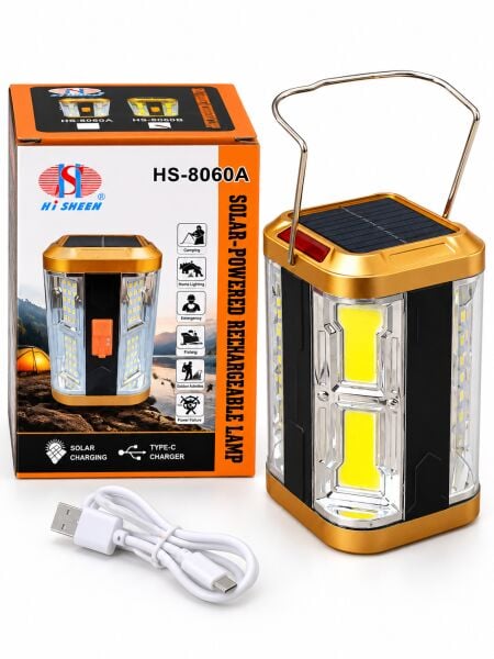 Şarj Edilebilir Taşınabilir LED Kamp Lambası – Solar Panelli, 4 Modlu Işıldak, Kırmızı Flaşörlü