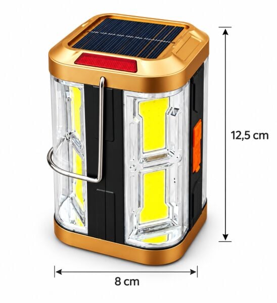 Şarj Edilebilir Taşınabilir LED Kamp Lambası – Solar Panelli, 4 Modlu Işıldak, Kırmızı Flaşörlü