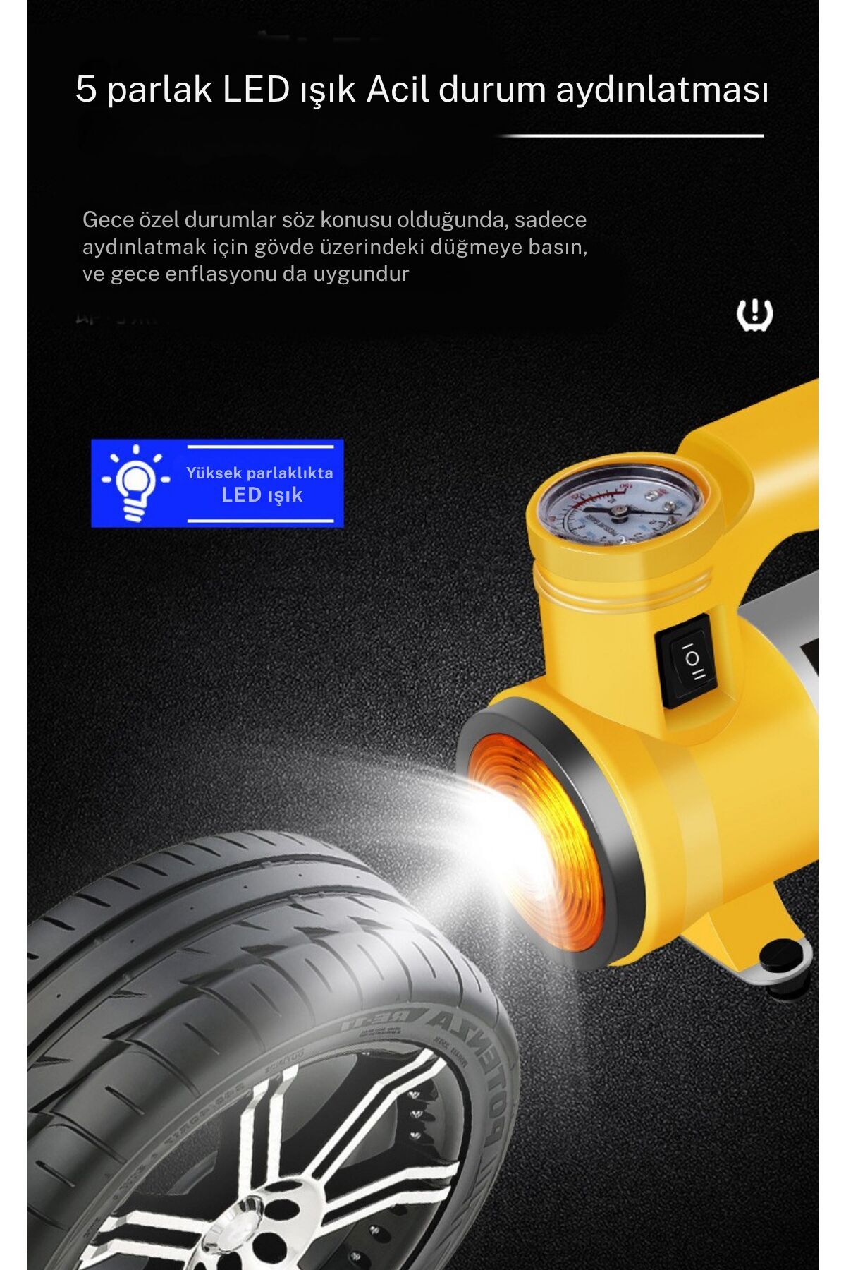 12V 150 PSI Hava Kompresörü | ABS Gövde | LED Işıklı | Bar Göstergeli | 35L/Dk Hava Akışı