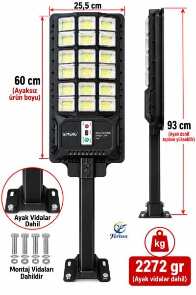 YC1-034B 600W Solar Sokak ve Bahçe Lambası – Sensör Modunda Kesintisiz Şarj ve Kumandalı ve