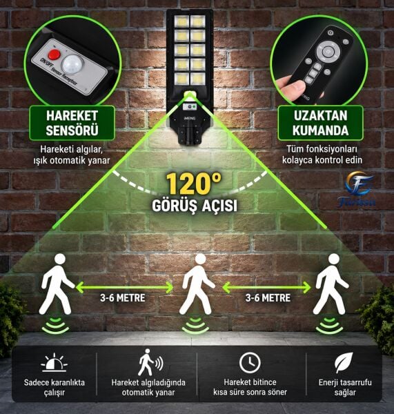 YC1-034B 600W Solar Sokak ve Bahçe Lambası – Sensör Modunda Kesintisiz Şarj ve Kumandalı ve