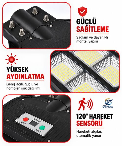 YC1-034B 600W Solar Sokak ve Bahçe Lambası – Sensör Modunda Kesintisiz Şarj ve Kumandalı ve