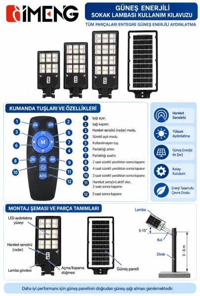 YC1-034B 600W Solar Sokak ve Bahçe Lambası – Sensör Modunda Kesintisiz Şarj ve Kumandalı ve