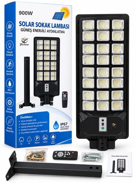 900W Solar Sokak Lambası Güneş Enerjili Hareket Sensörlü Uzaktan Kumandalı IP67 LED Aydınlatma