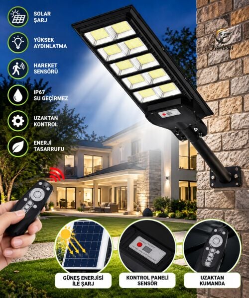 900W Solar Sokak Lambası Güneş Enerjili Hareket Sensörlü Uzaktan Kumandalı IP67 LED Aydınlatma