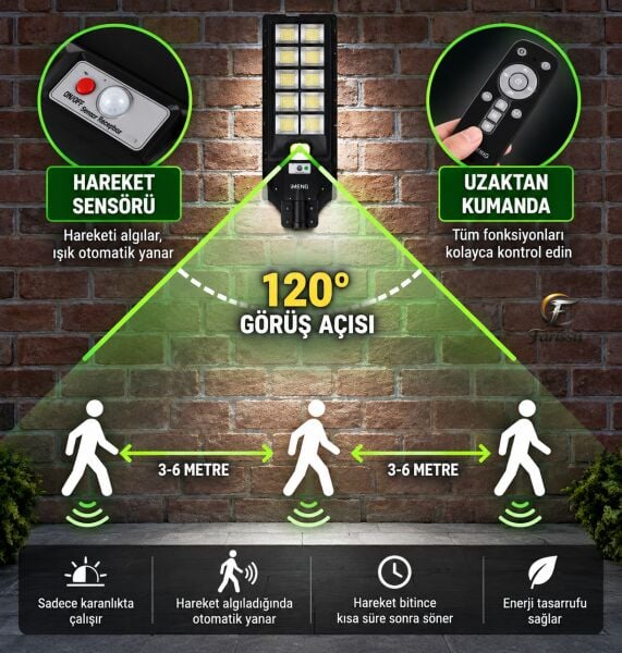 900W Solar Sokak Lambası Güneş Enerjili Hareket Sensörlü Uzaktan Kumandalı IP67 LED Aydınlatma