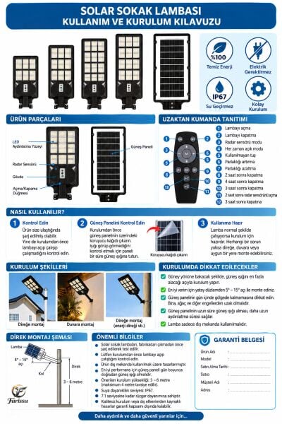 900W Solar Sokak Lambası Güneş Enerjili Hareket Sensörlü Uzaktan Kumandalı IP67 LED Aydınlatma