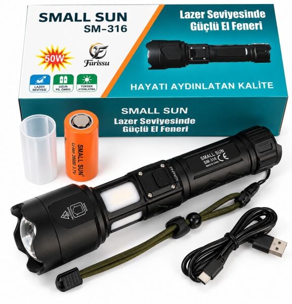 Small Sun SM-316 50W 5000 Lümen Zoomlu Şarjlı LED El Feneri