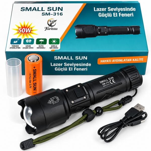 Small Sun SM-316 50W 5000 Lümen Zoomlu Şarjlı LED El Feneri