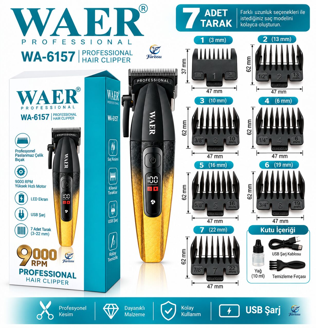 WAER WA-6157 Profesyonel Saç Kesme Makinesi 9000 RPM 7 Taraklı