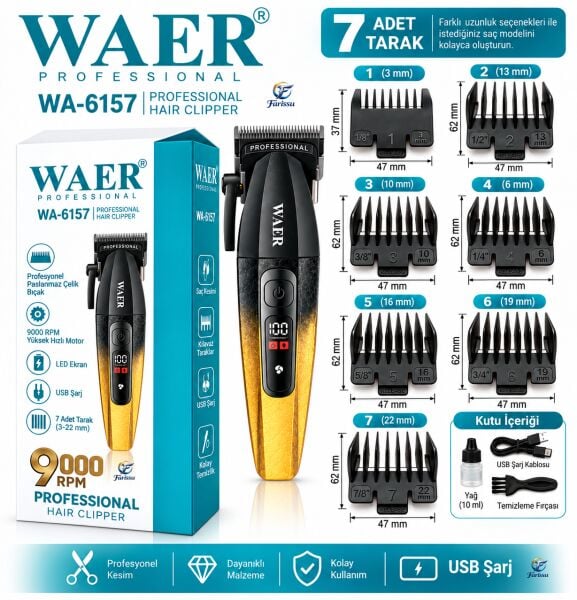 WAER WA-6157 Profesyonel Saç Kesme Makinesi 9000 RPM 7 Taraklı