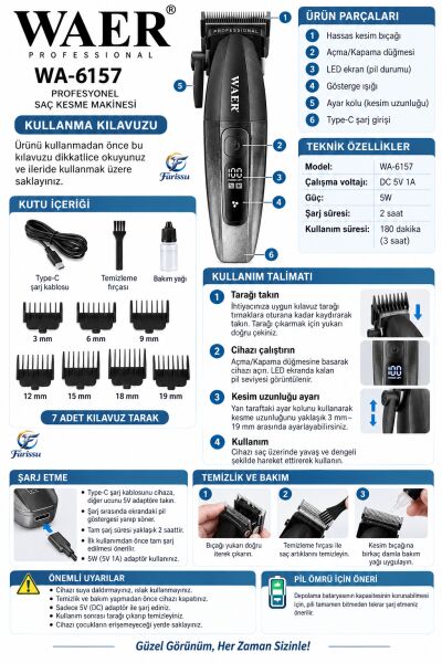 WAER WA-6157 Profesyonel Saç Kesme Makinesi 9000 RPM 7 Taraklı