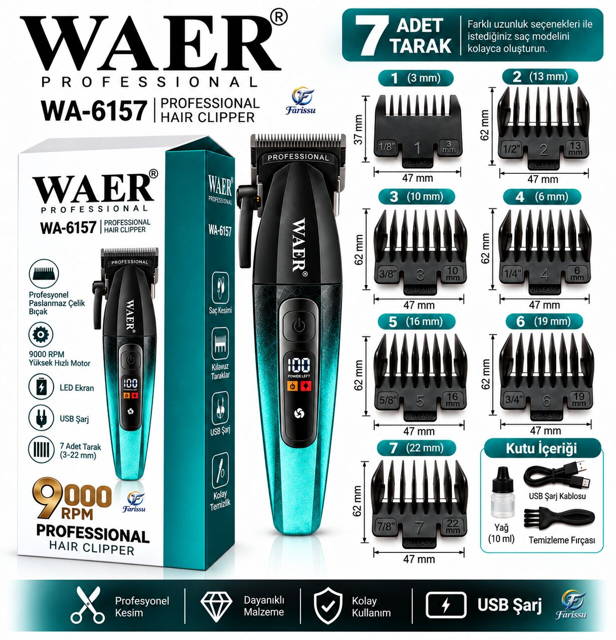 WAER WA-6157 Profesyonel Saç Kesme Makinesi 9000 RPM 7 Taraklı Mavi