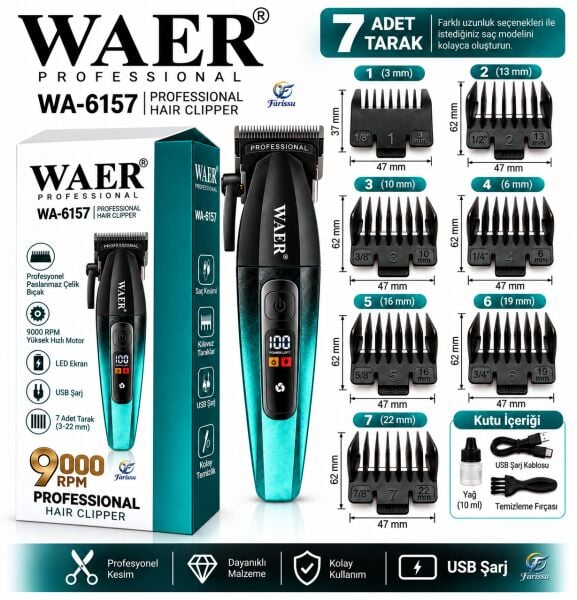 WAER WA-6157 Profesyonel Saç Kesme Makinesi 9000 RPM 7 Taraklı Mavi