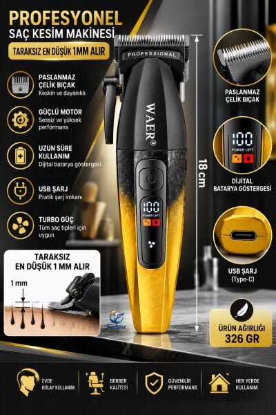 WAER WA-6157 Profesyonel Saç Kesme Makinesi 9000 RPM 7 Taraklı Mavi