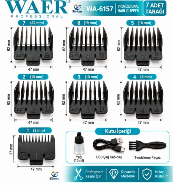 WAER WA-6157 Profesyonel Saç Kesme Makinesi 9000 RPM 7 Taraklı Mavi
