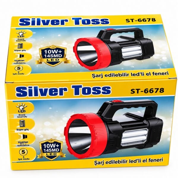 Silver Toss ST-6678 Şarjlı LED El Feneri 10W 14 SMD Çift Aydınlatmalı Işıldak