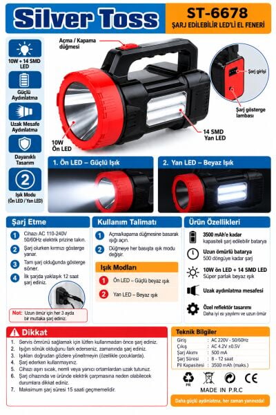 Silver Toss ST-6678 Şarjlı LED El Feneri 10W 14 SMD Çift Aydınlatmalı Işıldak