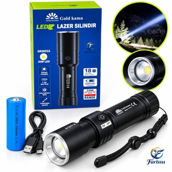 GoldKama GK8055A 50W LED Şarjlı El Feneri 5000 mAh, 4 Işık Modlu, Zoomlu, Type-C Şarjlı, Uzun Menzilli