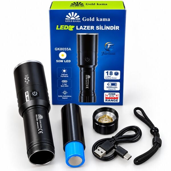 GoldKama GK8055A 50W LED Şarjlı El Feneri 5000 mAh, 4 Işık Modlu, Zoomlu, Type-C Şarjlı, Uzun Menzilli