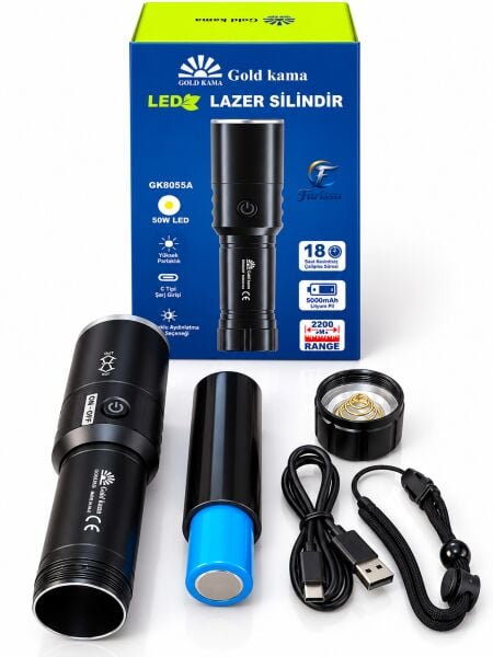 GoldKama GK8055A 50W LED Şarjlı El Feneri 5000 mAh, 4 Işık Modlu, Zoomlu, Type-C Şarjlı, Uzun Menzilli
