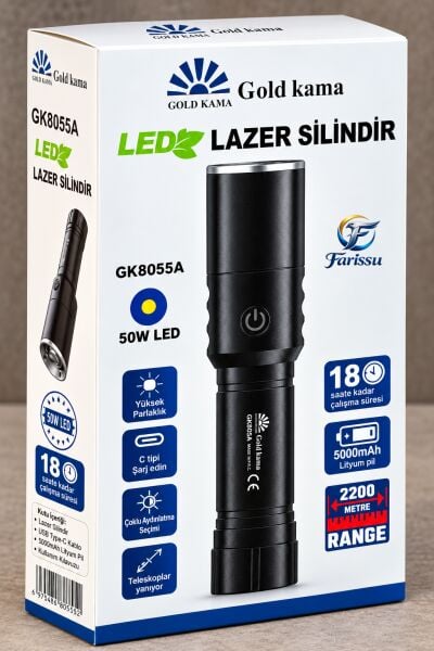 GoldKama GK8055A 50W LED Şarjlı El Feneri 5000 mAh, 4 Işık Modlu, Zoomlu, Type-C Şarjlı, Uzun Menzilli