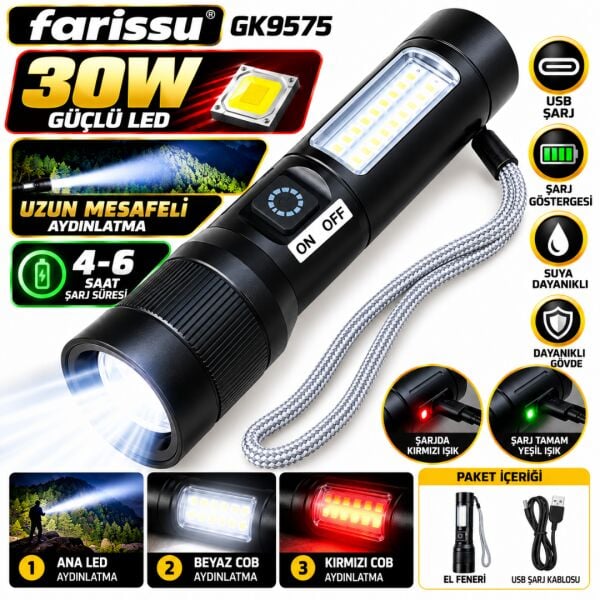 GoldKama GK9575, şarjlı el feneri, uzun menzilli LED el feneri,COB led fener